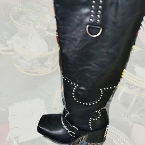 Chunky Heels Knight Shoes Women Square Toe Cowboy Knee High <b>Boots</b> Rivets Metal Chain Long Booties Custom Style - Product Image 6