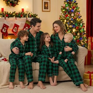 Pijamas Familiares <span class=keywords><strong>de</strong></span> Franela <span class=keywords><strong>de</strong></span> Otoño para Mujer, Diseño a Cuadros, Cuello Camisero, Envío Directo - Product Image 4