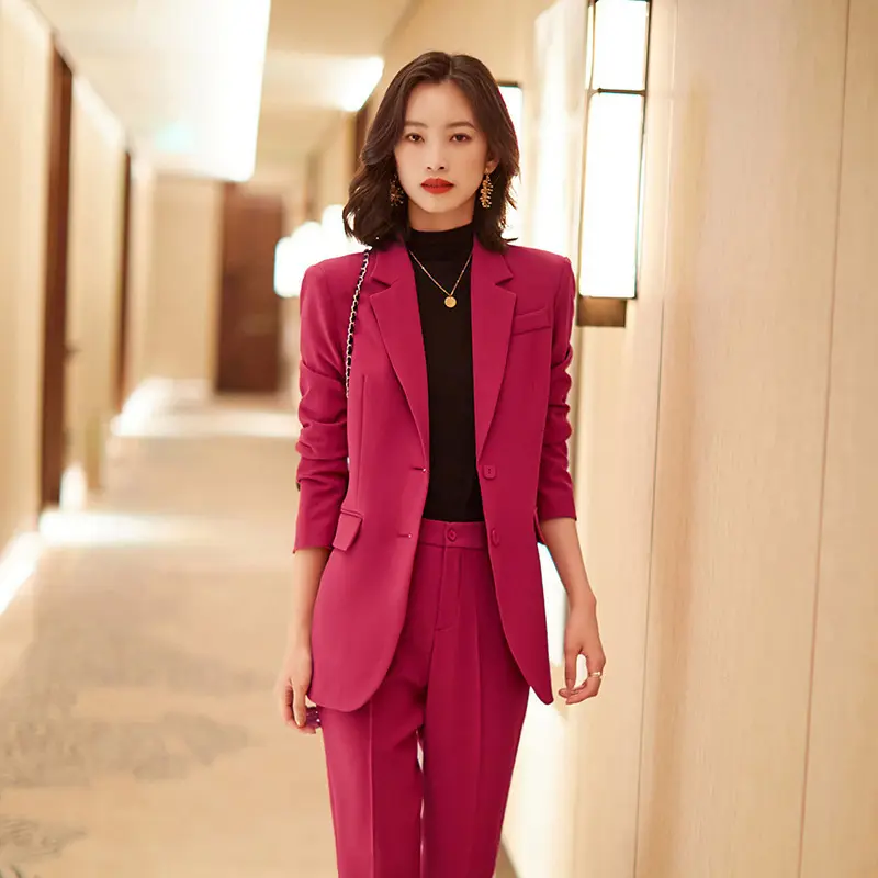 Office Ladies women's pantsuit red black business classic double-breasted buttons nine blazer pants set two piece formal suits