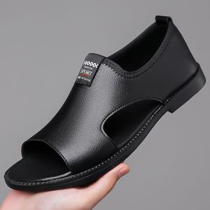 Sandalias de cuero para hombre, transpirables, con punta abierta, fáciles de poner, zapatos planos, calzado informal para uso diario al aire libre - Product Image 2