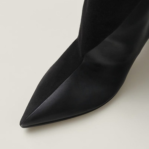 Women Custom Low Spike Heels Long <b>Boots</b> Pointy Toe Knee High Booties on Stiletto Dress Suede Leather Patchwork Shoes - Product Image 6