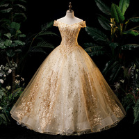 Robe de Soirée Dorée Élégante pour Quinceañera, Robe de Bal Épaules Dénudées avec Broderie Florale en Dentelle, Personnalisable