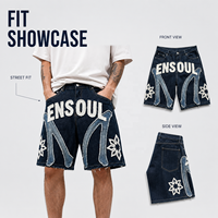 Shorts en jean pour hommes, coupe ample, en denim épais, avec appliques et patchwork, bords effilochés, style streetwear premium, hip-hop, fabrication sur mesure