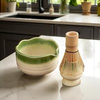 Bol à thé vert en céramique et support pour fouet en bambou Chasen, ensemble traditionnel japonais pour la cérémonie du thé Matcha