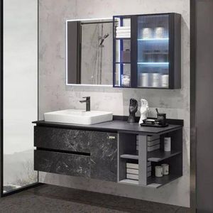 Mueble de Baño Moderno con Lavabo, Organizador Flotante con Encimera, Tocador Negro para Maquillaje - Product Image 3
