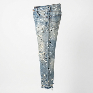 Jeans de mezclilla para hombre, corte ajustado, pierna recta, desgastados, lavado blanqueado, cintura media, estilo casual de algodón, para primavera, venta al por mayor a bajo precio - Product Image 2