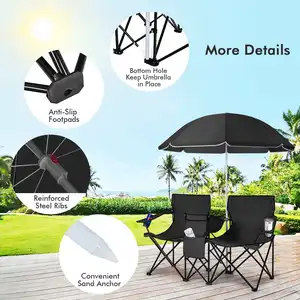 Barato negro Doble plegado césped pesca Camping silla y mesa Conjunto 2 personas plegable Camping Silla de playa con paraguas dosel