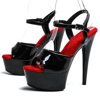 Sandales à plateforme à talon haut pour femmes, en PU verni, 15 cm / 6 pouces, bout ouvert, bride en T, chaussures de pole dance
