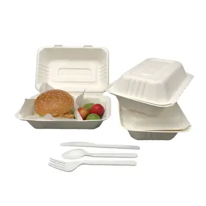 Bagasse Fiber 100% kotak makan siang Biodegradable wadah Clamshell dengan divisi mengambil Makanan Cepat kemasan kotak kertas