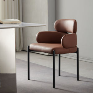 <span class=keywords><strong>Fauteuil</strong></span> moderne nordique en cuir imperméable rembourré avec pieds en métal, dossier haut, siège moelleux pour cuisine, chambre et salle à manger - Product Image 2