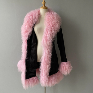 Manteau Long d'Usine en Gros en Véritable Peau de Mouton, Chaud et Épais, Col en Fourrure d'Agneau Naturelle, Manteaux de Luxe en Cuir Suédé pour Femme Hiver - Product Image 5