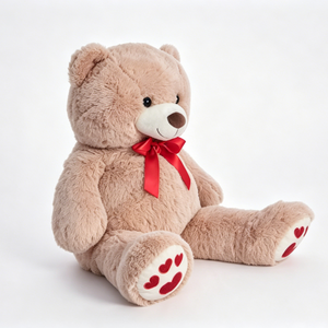 Customized Light Brown Teddy Bear Plush, Soft Sitting Stuffed Bear with <b>Red</b> Satin Neck <b>Bow</b> & Embroidered <b>Red</b> Heart Paw Prints - Product Image 5