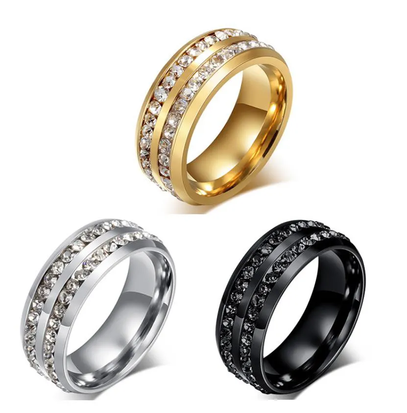 Double Row Diamond Stainless Steel Ring, Diamond Male Ring Zircon Finger Rings Titanium or Stainless Steel Trendy Geometric