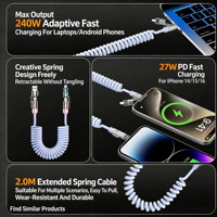 Câble de charge rétractable 4-en-1 en silicone à ressort compatible CarPlay et Carlife pour écran de voiture (iOS/Android)
