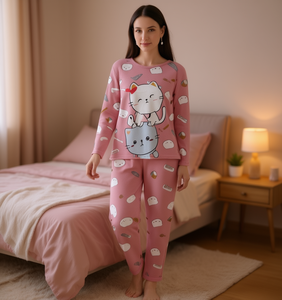 Grazioso Pigiama da Donna in Cotone e Bambù, Set con Maniche Lunghe, Collo Tondo, Stampa Gatto Cartoon, Morbido e Confortevole, Pantaloni Lunghi fino alla Caviglia - Product Image 2