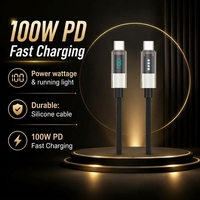 Câble USB-C vers USB-C Justlink 100W en silicone avec affichage LED transparent, charge rapide PD 5A, câble de données pour ordinateur portable et téléphone
