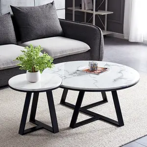 Home Furniture Luxury Side Center Coffee Tea Table Modern Black Metal Leg Marble Top Round Table Living Room Tea Table