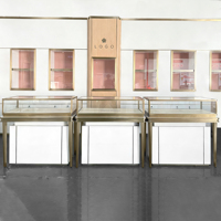 Vitrine de présentation de bijoux en acier inoxydable doré avec LED personnalisées, comptoir de présentation de bijoux rectangulaire en verre pour boutique de bijoux