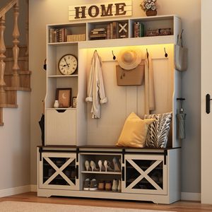 SENYU Hall Tree Entryway Bench, 75''H 59''W LED <b>Coat</b> <b>Rack</b>, 16 <b>Shoe</b> Cubbies, Umbrella Holder, Sock Drawer, White - Product Image 1