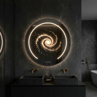 Miroir LED Spirale Galaxie à Cadre Noir Rond, Miroir Mural Intelligent de Salle de Bain avec Éclairage Arrière Anti-Buée Tactile et Décoratif