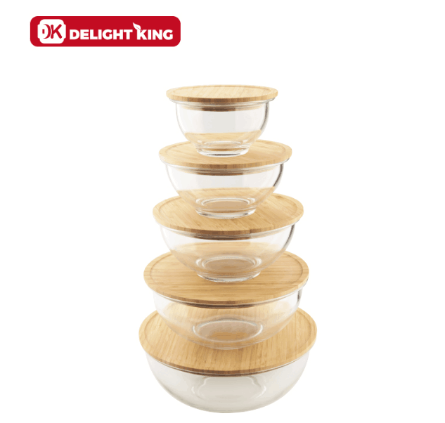 Круглая миска для смешивания салата с бамбуковой крышкой/безопасная стеклянная миска для микроволновки/столовая посуда типа круглая стеклянная миска для посуды
