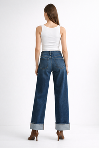 SHENGFU Womens High Waist Wide Leg Denim <strong>Jeans</strong> <strong>Turn</strong> <strong>up</strong> Hem Long Length Straight Fit Vintage Wash Custom OEM Designer Pants - Product Image 2