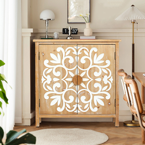 Rustic Wooden Accent Cabinet 2 Door Floral Carved Doors <b>Storage</b> Cabinet for Living Room Entryway Dining Room - Product Image 6