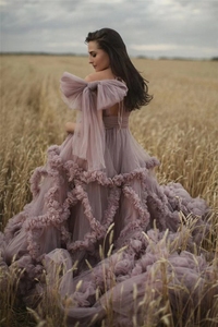 FK42 1M tren novias bata tul vestido de maternidad vestido con volantes bata Boda nupcial esponjoso Maxi embarazo sesión de fotos vestido camisón - Product Image 3
