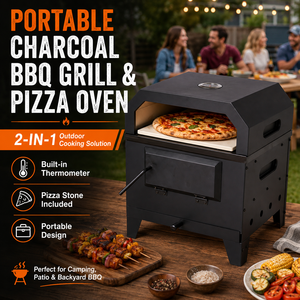 <span class=keywords><strong>Barbecue</strong></span> portable au charbon de bois avec couvercle four à pizza, fourneau de camping extérieur avec thermomètre et pierre à pizza - Product Image 1
