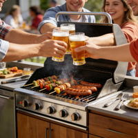 Mueble de Cocina Modular Multifuncional Moderno para Exterior con Parrilla BBQ Integrada, Fregadero, Grifo, Protector de Salpicaduras y Bisagras de Acero Inoxidable