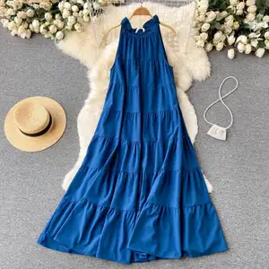 Wholesale 2023 Summer Neck Hanging Elegant Wear with Beach Flare Flowing Long Dress Bohemian Women's Dress