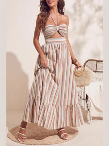 Vestido de mujer Manny Sunshine con detalles calados, bajo con volantes a rayas, plisado frontal, estilo bohemio y espalda descubierta, modelo Bangkok - Product Image 4
