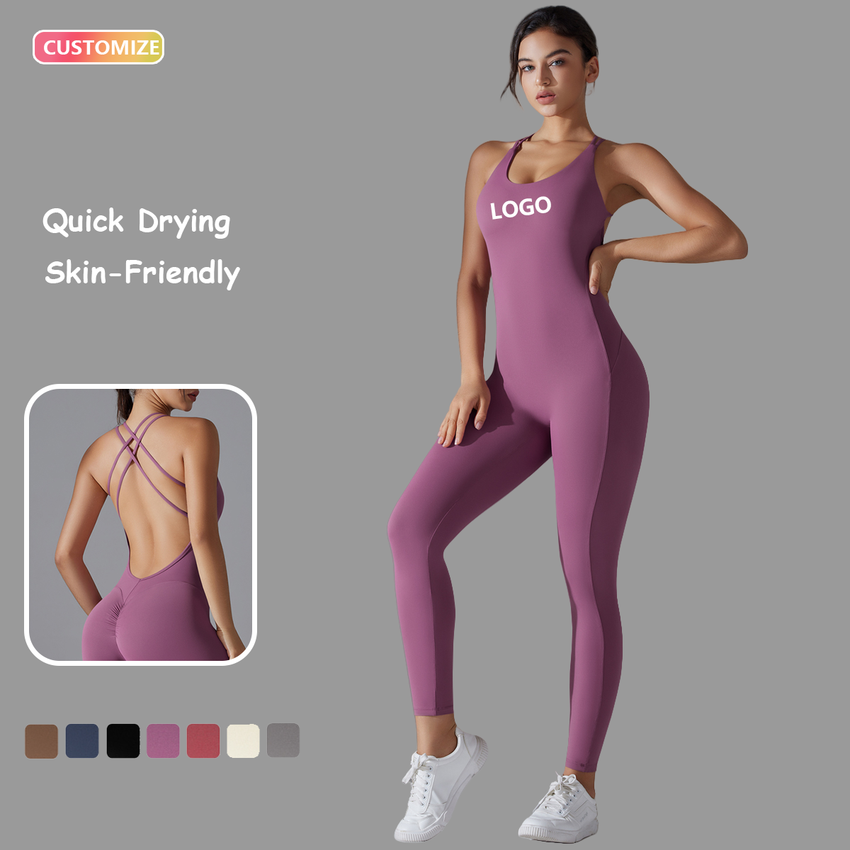 Custom Women's High Elastic Solid Full Length Spandex/Nylon Jumpsuits Playsuits Sports Yoga Fitness Sets Quick Dry Breathable