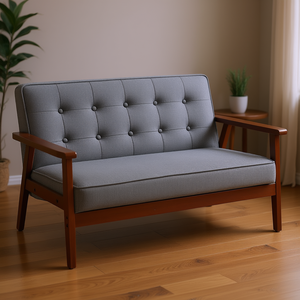 Two Seat Tufted Loveseat <b>Sofa</b> Grey Linen Touch Fabric Rubberwood <b>Legs</b> Midcentury Modern Living Room Furniture - Product Image 2