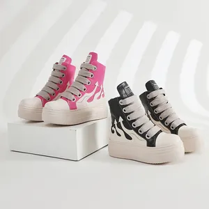 Tênis de luxo PU para mulheres, calçados com cadarço, plataforma alta, plataforma alta, calçados pretos, novidade em calçados de luxo