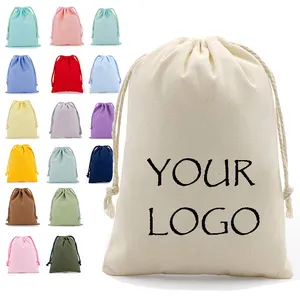 Custom Eco Friendly Organic Muslin Cotton Pouch Promotional Small White Calico Cloth Canvas Drawstring Bag With Logo Printed