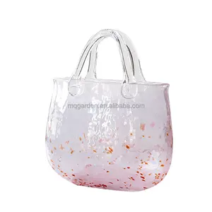 Glass Handbag Vases with Handle, Pink Flower Glass Purse Vase Decor for Photo/Birthday/Mother's Day Gift