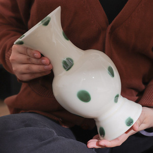 Nuevo Florero de Cerámica con Diseño de Flor de Loto y Puntos Verdes, Estilo Chino, Hecho a Mano, Estilo Vintage, Arreglo Floral de Alta Gama, Retro - Product Image 5