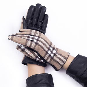 Vente chaude femmes mode cuir de mouton et tissu à carreaux mitaines gants <span class=keywords><strong>chaud</strong></span> <span class=keywords><strong>Ultra</strong></span>-doux doublure broderie gants élastiques - Product Image 3