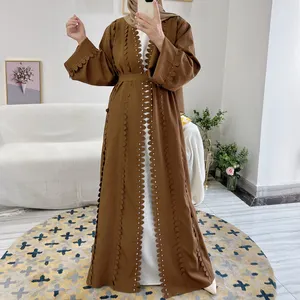 Middle East Hand Beaded Abaya Women Muslim Dress Turkey Cardigan Front Open Kimono Thobe Dubai Kaftan