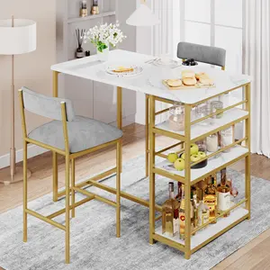 Mesa y taburetes de Isla de cocina de lujo blanco y dorado con estantes de almacenamiento de 3 capas Mármol falso con construcción robusta