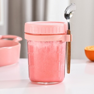 Tarro contenedor de vidrio de boca ancha transparente de 350ml con cuchara para desayuno avena para uso en la cocina - Product Image 2