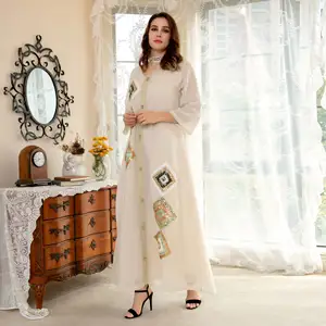 LYZAB185 कपास लिनन चार पक्ष सेक्विन कढ़ाई पुष्प स्कर्ट त्वचा का रंग ढीला सुरुचिपूर्ण Abaya मुस्लिम फैशन गाउन पोशाक