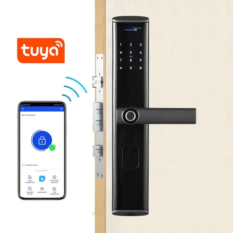 Tuya WiFi APP 전자 디지털 방식으로 열쇠가 없는 안전 자물쇠 똑똑한 손잡이 가정 정문 문을 위한 지적인 지문 자물쇠