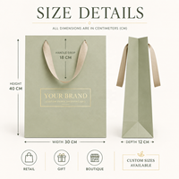 Sac de shopping en papier vert sauge de luxe écologique personnalisé avec poignée en ruban satiné, logo en feuille d'or, fermeture magnétique, matériaux recyclés