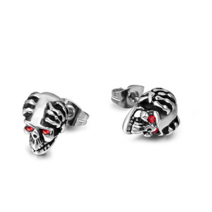 Pendientes de acero de titanio con forma de calavera de ojos rojos para hombre, joyería de moda con cabeza de esqueleto CF106 - Product Image 1