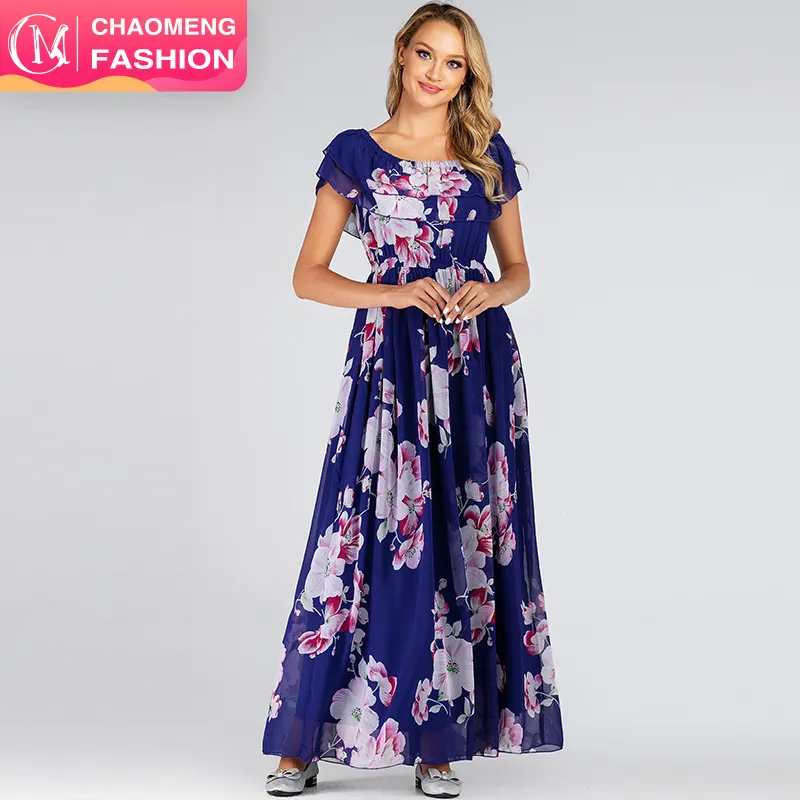 30531# Sexy Women Off-the-shoulder Dress Sleeveless Floral Print Women's Gown Maxi Summer Beach Dresses