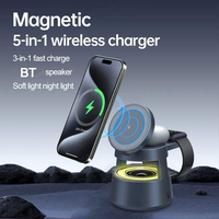 5'i 1 Arada Katlanabilir Manyetik Kablosuz Şarj Cihazı 15W, RGB Gece Lambası, Akıllı Telefon, Saat, Kulaklık ve USB C için Kablosuz Hoparlör