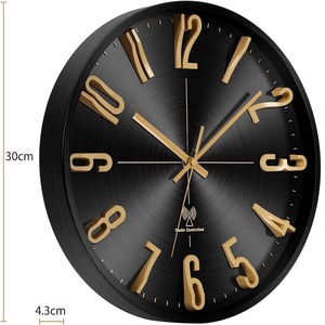 12 Inch Modern Simple Metal Luxury 3D Number Radio Control Wall Clock Silent Round Black Custom Atomic Aluminum Clock