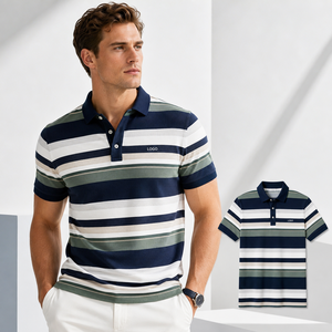 Camiseta Polo Informal de Punto Transpirable de Poliéster y Algodón con Rayas Horizontales, Logotipo Bordado Personalizado - Product Image 1